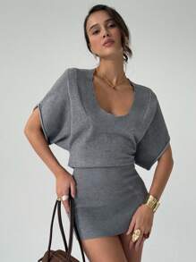 Aloruh Solid Batwing Sleeve Sweater Dress - Grey - View 8