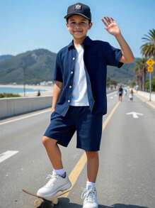 SHEIN Tween Boy Solid Button Front Shirt & Shorts Without Tee, School, Campus, College Summer Holiday