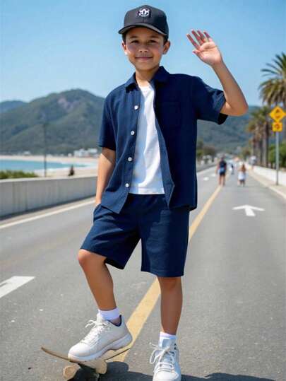 SHEIN Chico preadolescente unicolor con botón delantero Camisa & Shorts sin camiseta