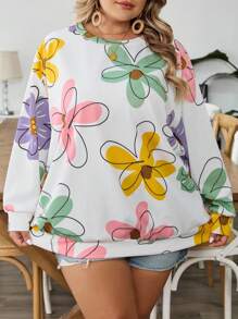 SHEIN CURVE+ Sudadera holgada de manga larga con cuello redondo y estampado minimalista para mujer de talla grande, ropa de otoño. Suéter de punto con estampado de plantas y cuello redondo para mujeres de talla grande en otoño - Multicolor - Ver 4