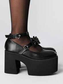 ROMWE Grunge Punk 女士高跟玛丽珍鞋，朋克风格，铆钉，金属扣和蝴蝶结设计，黑色厚底高跟鞋，适合派对、日常穿着、晚礼服，增高显腿长，舒适百搭 - 黑色 - 查看 4