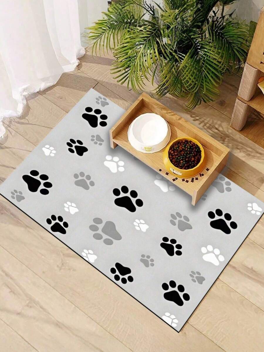 1pc Paw Print Absorbent Feeding Mat For Pets, High Water Absorption Quick Drying Cat Dog Food Bowl Pad, Easy Cleaning Pet Blanket Cage Pad, Suitable For All Seasons - Multicolor - View 1