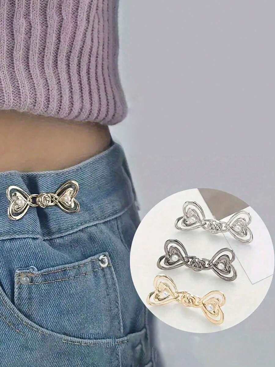 SHEIN 3 对心形腰带扣，带珍珠的金属纽扣，无需缝制的可调节腰部紧固件 - 彩色 - 查看 1