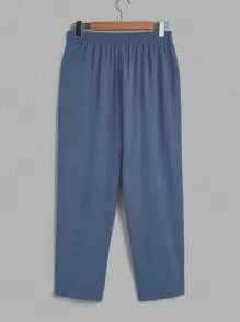 Manfinity Homme 男士夏季休闲撞色滚边短袖衬衫和抽绳腰长裤套装，秋季服装，舒适服装 - 藍色 - 查看 5