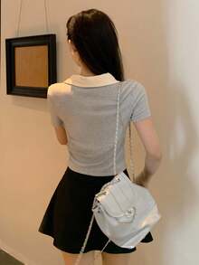 DAZY 女士圆领撞色前系带休闲短袖T恤 - 灰色 - 查看 2