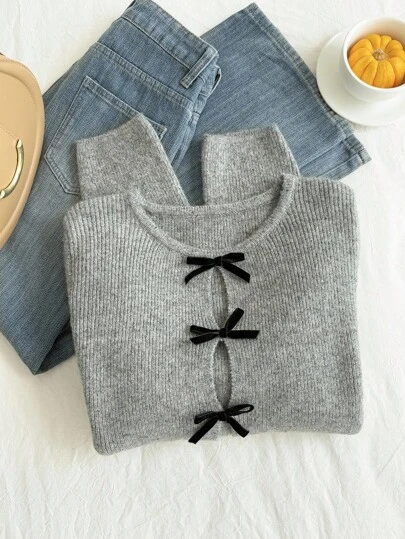 Comfortcana 秋冬大码女式蝴蝶装饰镂空设计长袖时尚套头衫