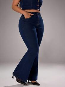 SHEIN Unity Plus Size Women's Fashion Elastic Casual Denim Jeans - Dark Wash - View 4