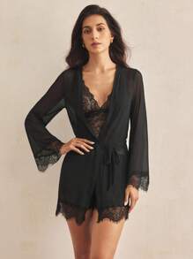 Charlaine 4 pièces Ensemble de lingerie fleuri en tulle & Peignoir ceinturé - Noir - Voir 4