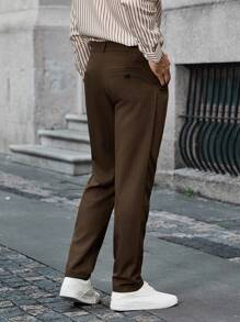 Calvornis 男士纯色休闲通勤西装裤，采用纽扣腰部设计和口袋 - 咖啡棕 - 查看 1
