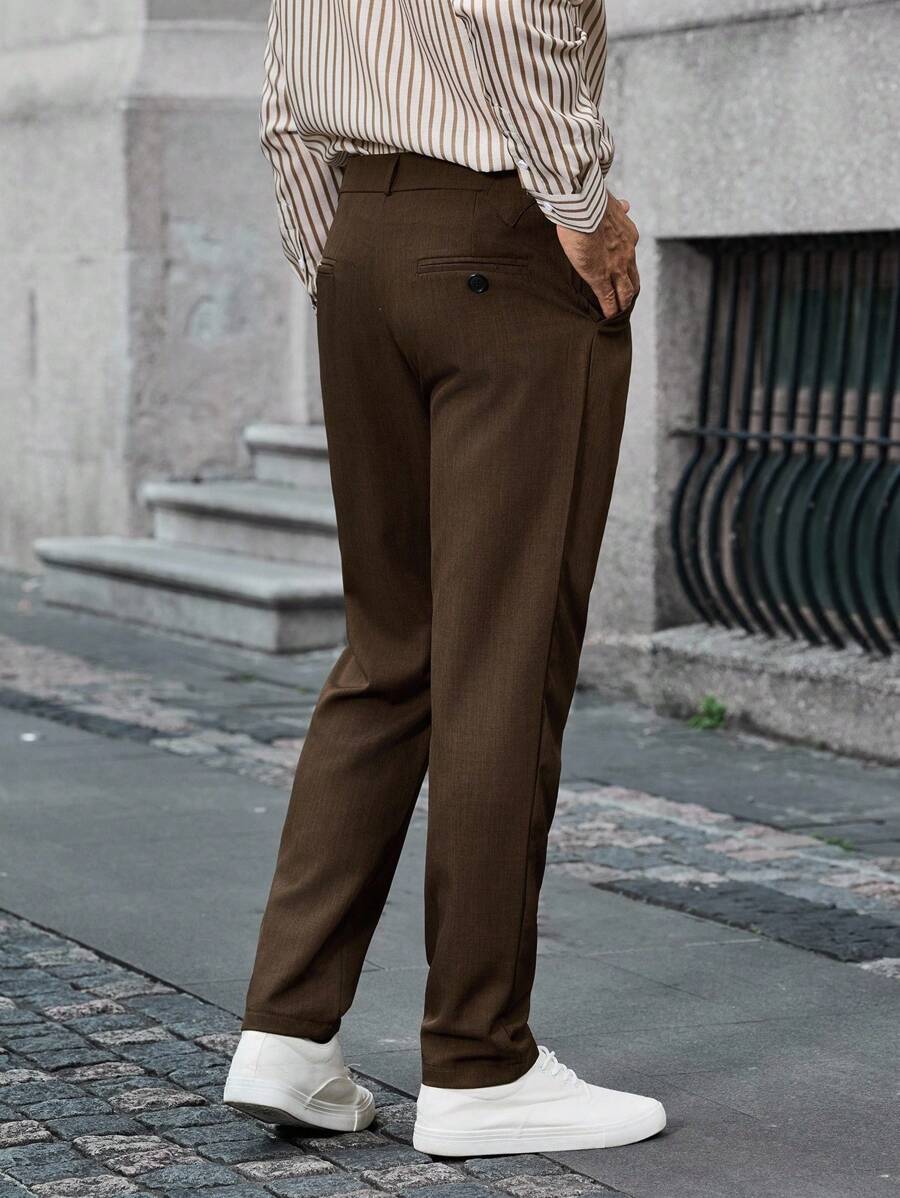 Calvornis 男士纯色休闲通勤西装裤，采用纽扣腰部设计和口袋 - 咖啡棕 - 查看 1