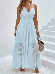 Breezaya Plus Size Women Holiday Style Textured Spaghetti Strap Ruffle Trim Waist Flared Dress Women Dresses Birthday Women Casual Dress Women Summer Clothing Woman S Summer Clothes Women Birthday Outfit