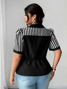 Elenzga Plus Size Women's Casual Black & White Striped Patchwork Short Sleeve Shirt