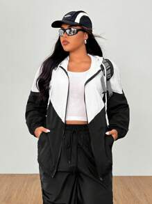 SHEIN EZwear Plus Size Women Casual Contrast Color Loose Zip Up Long Sleeve With Pockets Jacket,White And Black,Fall,Winter,Back To School,Business Casual,Office Outfits,Work,Teacher,Waterproof Fabric,Going Out Outfits,Lightweight Sport Jacket With Hood,,Suitable For Outdoor Hiking,Rainy Day Autumn