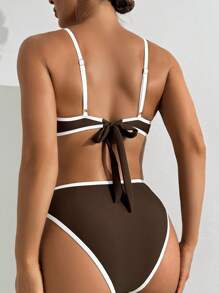 Swim Basics 2pcs/Set New Brown Steel Bra Strappy Back Tie Bow Elegant Sexy Bikini Swimsuit For Women For Summer Beach Vacation