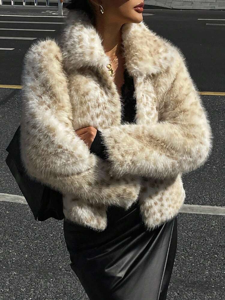 Women's Loose Casual Faux Fur Jacket, Leopard Print Street Style Elegant Faux Fur Coat Winter