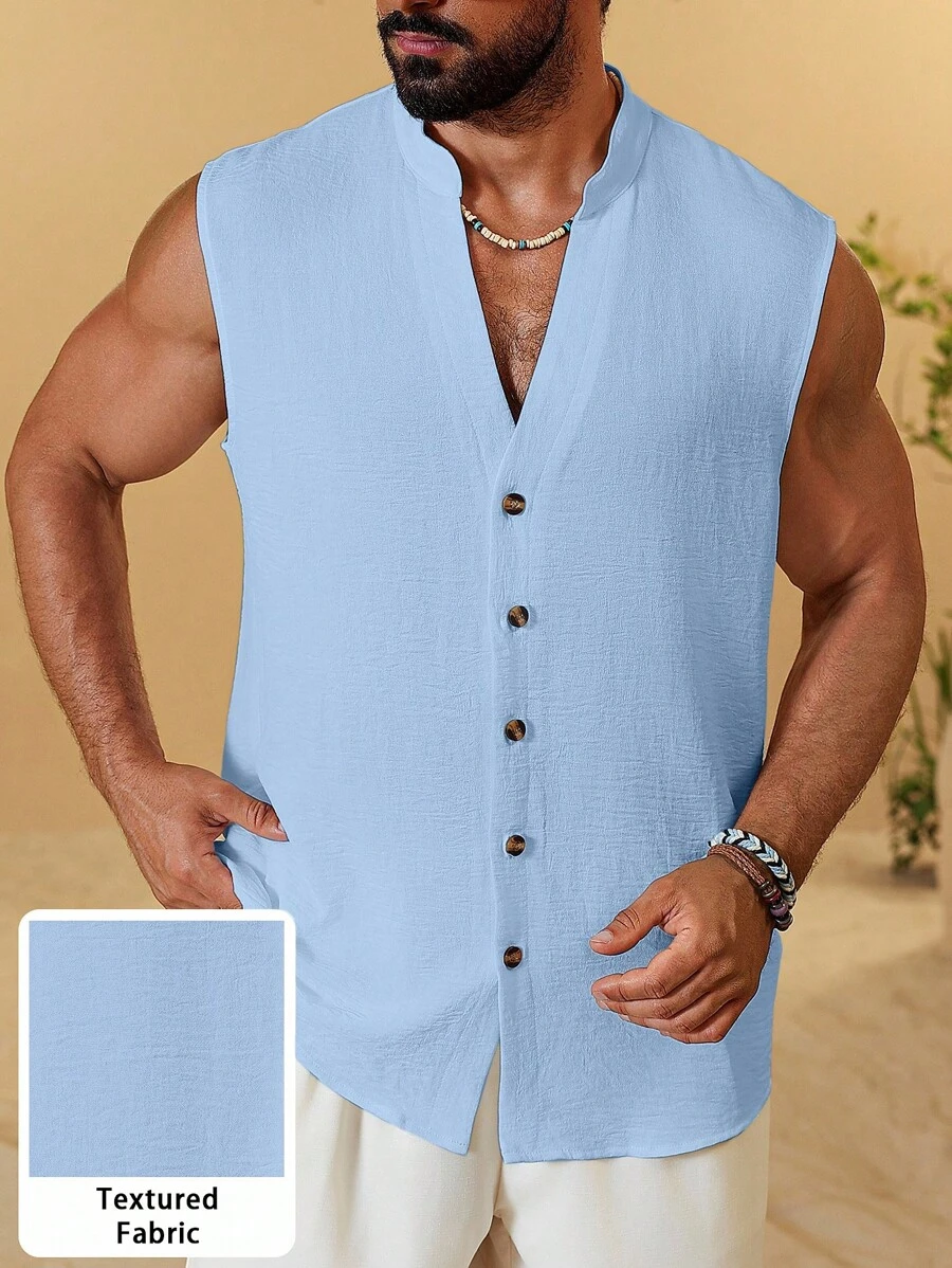 Manfinity RSRT Camisa de verano de un solo pecho de unicolor para hombre, ropa exterior sexy - Celeste - Ver 1