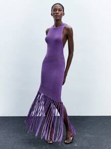 Maija 女式紫色无袖镂空纹理面料流苏下摆修身连衣裙，时尚性感，度假波西米亚风格音乐节庆祝西式连衣裙，节日装扮圣诞节万圣节派对礼服，乡村风格 - 紫色 - 查看 4