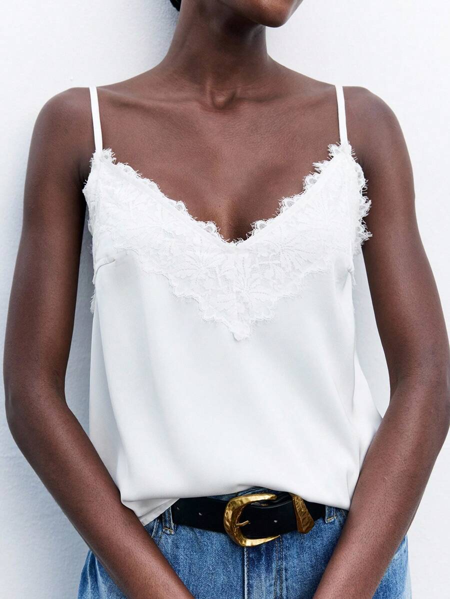 Maija Women's Lace Patchwork Blouse, Elegant, Romantic, Fashionable, Comfortable, V-Neck, Adjustable Spaghetti Strap, Suitable For Vacation, Business Casual, Western Style, Cruise Wear, Social Occasions, Sleeveless Top White Lace Cami Top White Cami Lace Trim Cami White Spaghetti Strap Top White Tank Top,Autumn Outfits For Women, Modern Urban Casual Fashion Business Casual Women's Office Wear Low-Key Old Money Style Effortless Temperament High-End Urban Commuting High-Quality Airport Women's Wear - White - View 1