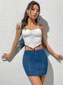 SHEIN EZwear Cottagecore Ruched Tie Backless Hanky Hem Halter Top - White - View 6