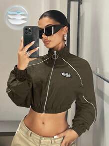 SHEIN ICON 字母拼接细节撞色滚边短款黑色秋装女式夹克 - 軍綠色 - 查看 1