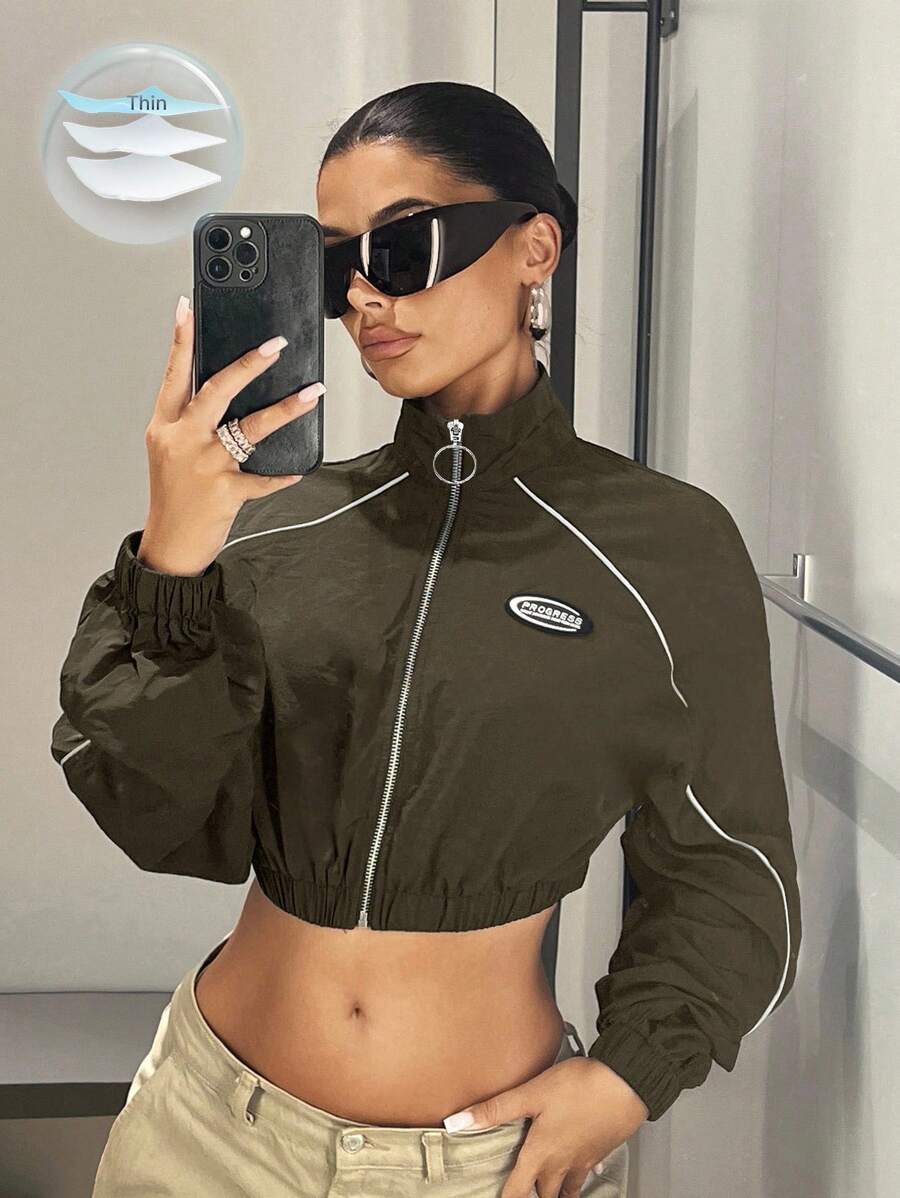 SHEIN ICON 字母拼接细节撞色滚边短款黑色秋装女式夹克 - 軍綠色 - 查看 1