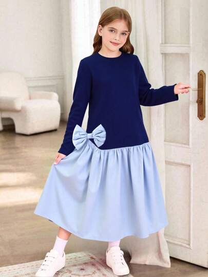 SHEIN 女童拼色蝴蝶结装饰荷叶边下摆短袖休闲连衣裙