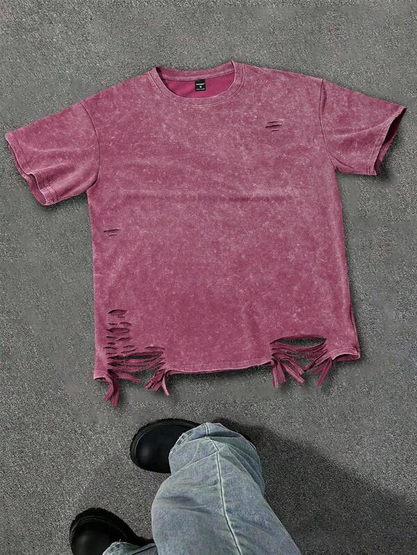 Manfinity Streetrush Tricou bărbătesc cu ciucuri și fulgi de zăpadă spălați, croială asimetrică, îmbrăcăminte bărbătească de primăvară și vară, cadou pentru iubit, tricouri supradimensionate pentru bărbați