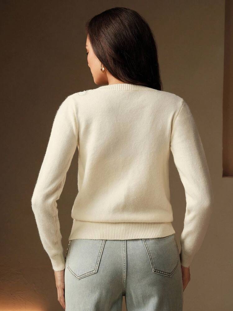 Women's Elegant Knitted Cardigan With Pearl Buttons And Floral Embroidery, Round Neck, Suitable For Autumn/Winter