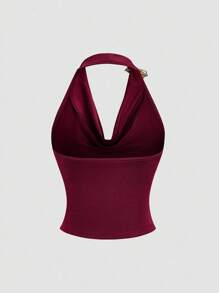 Sweetra Atasan Crop Tanpa Lengan Berkerah Ruffle Bergaya Vintage, Desain Pinggang Berlipit yang Stylish, Busana Musim Panas untuk Wanita - Burgundy - View 2