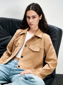 SHEIN LUNE Fashionable Casual Retro Suede Short Jacket, Casual Spring For University Fall - Khaki - View 1