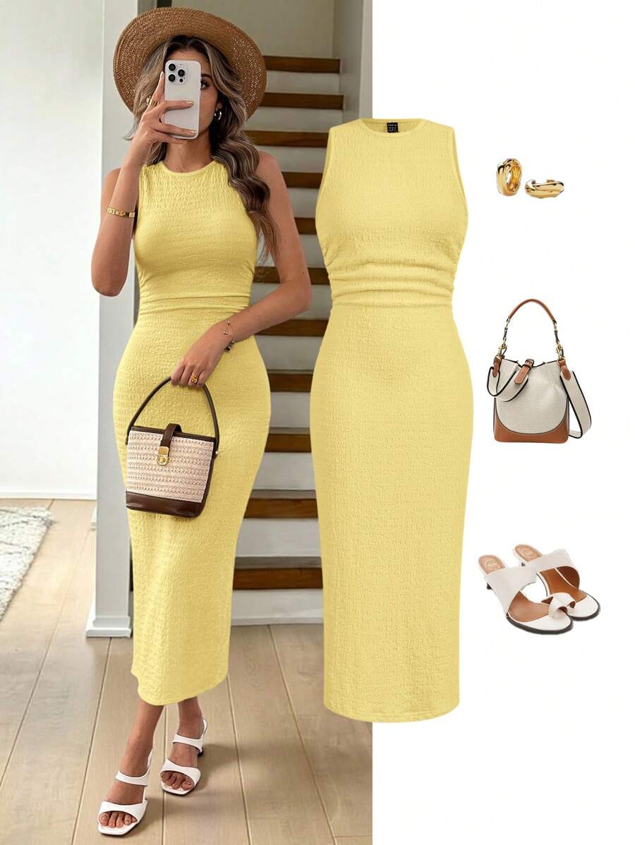 Easowa Váy dài bó sát dệt kim họa tiết màu mơ giản dị dành cho nữ - Màu vàng - Xem 1