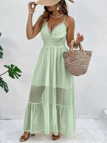 SHEIN Clasi 大码女式节日纹理细肩带荷叶边修腰摆连衣裙 - 綠色 - 查看 4