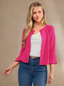 Amorya 女式纯色紫红色开袖薄款夹克外套，秋季 - 玫紅色 - 查看 3