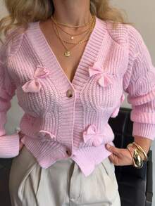 Jeta Ari Áo len cardigan nơ hồng mềm mại cho nữ, áo dài tay - Hồng - Xem 3
