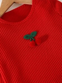 Elladie kids Girls' Long Sleeve Textured T-Shirt And Cherry Embroidered Frayed Hem Jeans Set,Back-To-School Autumn School Outfit Casual Everyday Wear School - Red - View 4