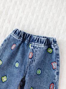 Cozy Pixies 婴幼儿男女款松紧腰休闲牛仔字母印花阔腿裤，舒适百搭，秋冬 - 藍色 - 查看 7