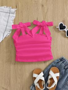 年轻女孩优雅纯色修身甜美蝴蝶结系带肩侧褶吊带背心，妈妈和女儿及姐妹搭配 - 玫紅色 - 查看 1