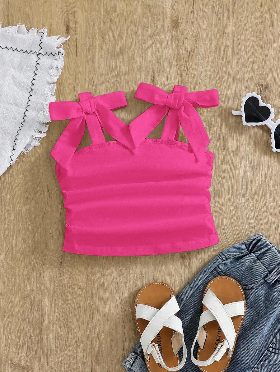 年轻女孩优雅纯色修身甜美蝴蝶结系带肩侧褶吊带背心，妈妈和女儿及姐妹搭配 - 玫紅色 - 查看 1