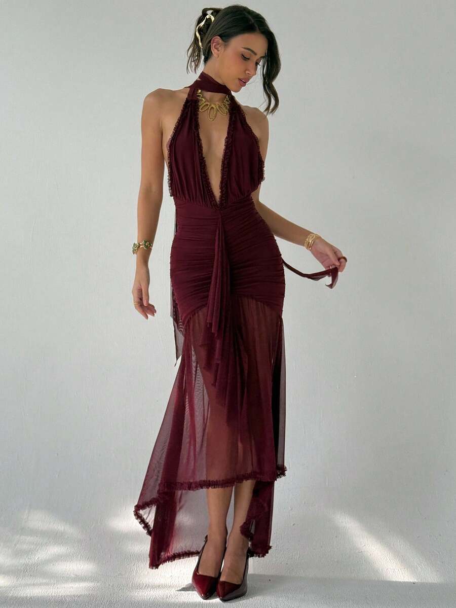 Aloruh 全新性感低胸褶皱开衩露背垂坠式领口连衣裙，带拖尾，派对/鸡尾酒会礼服 - 酒紅色 - 查看 1