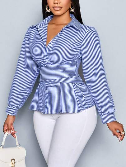  Camisas para mujer de talla grande SOLERSUN Elegante jacquard elegante y sexy para damas, a rayas, para el otoño y el invierno, con mangas largas, cuello abierto con botones, cintura envuelta con correas, a rayas azules y blancas, para la temporada de vuelta al colegio, compras universitarias, Día del Trabajo