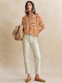 Écloséra Áo sơ mi nữ buộc dây phiên bản H bằng vải lanh giả in họa tiết cổ điển kiểu Pháp - Màu Cam san hô - Xem 6