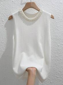 INAWLY 人造珍珠串珠毛衣背心 - 白色 - 查看 1