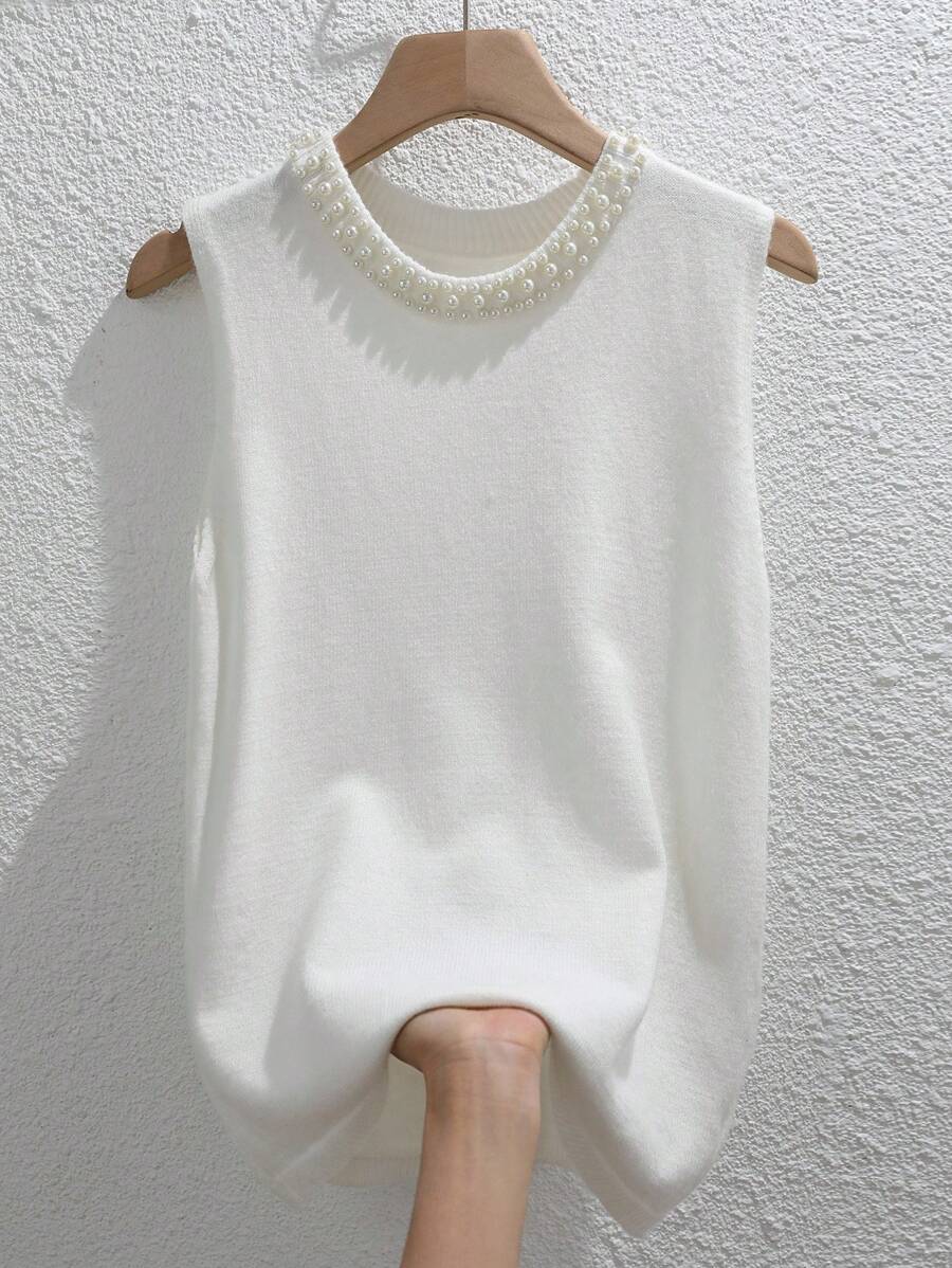INAWLY 人造珍珠串珠毛衣背心 - 白色 - 查看 1