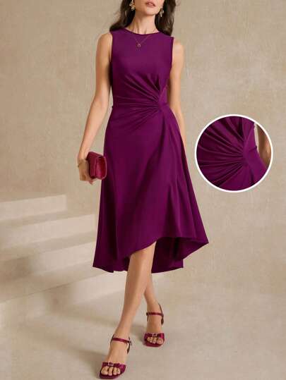 Amorya Ruched Front Solid A-Line Sleeveless Dress