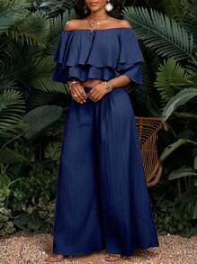 SHEIN Lady Bộ 2 món áo trễ vai bèo nhún màu trơn và quần ống rộng dáng rộng cho nữ - Màu xanh hải quân - Xem 5