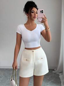Chiquease Shorts de tecido texturizado damasco com botões e bolsos de metal, uso casual versátil para o dia a dia, escritório, reunião de família, encontros, Dia dos Namorados - Damasco - Ver 6