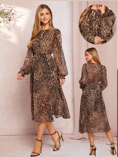 Amorya Vestido de mujer elegante con mangas linterna, cintura ceñida y falda de línea A en gasa con estampado de leopardo