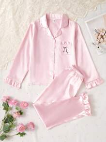 Bộ đồ ngủ 2 món tay dài thêu bèo nhún màu trơn và quần dài cho bé gái tuổi teen, mùa xuân và mùa thu - Màu Hồng baby - Xem 5
