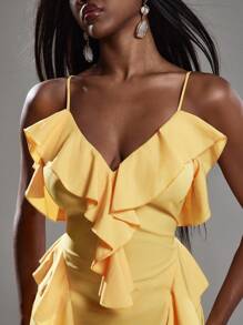 NYA SZN 连衣裙 V 领低胸荷叶边细节早午餐特殊场合生日度假海滩婚礼宾客新娘派对春夏长款女式连衣裙