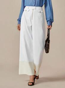Chiquease Damen Boho Weite Hose, mit metallischen Knöpfen, Reißverschluss-Dekor, kontrastfarbener Saum, geeignet für Frühling & Herbst - Weiss - Übersicht 4